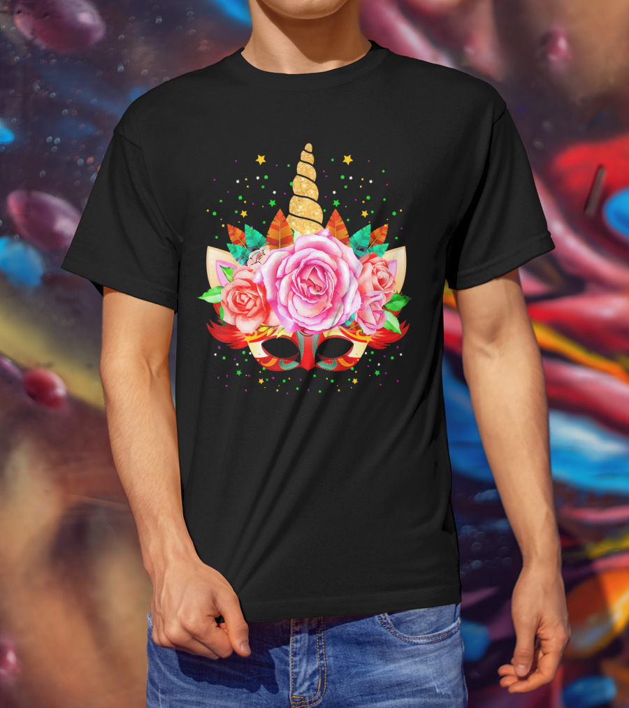 Mardi Gras Unicorn Mask With Roses And Feathers T-Shirt