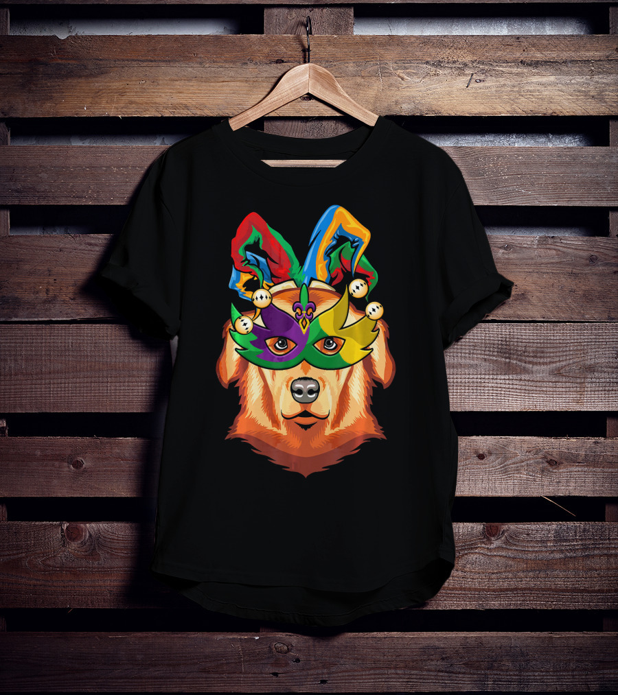 Golden Retriever Jester Mask Mardi Gras Beads Fleur-de-Lis T-Shirt