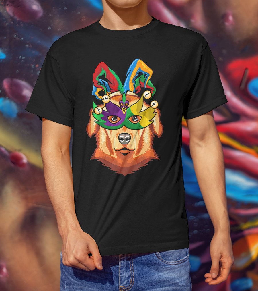 Golden Retriever Jester Mask Mardi Gras Beads Fleur-de-Lis T-Shirt
