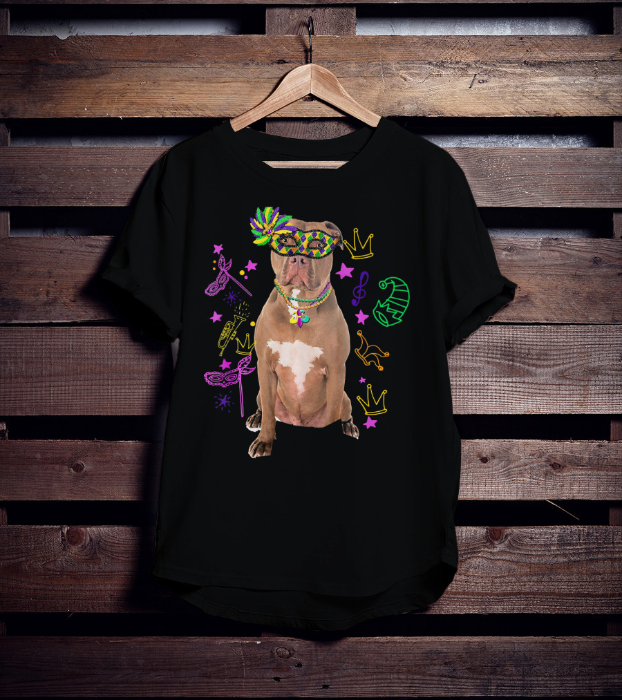 Pit Bull Mardi Gras Dog Mom Party Festive Mask Beads Crowns Music Notes T-Shirt