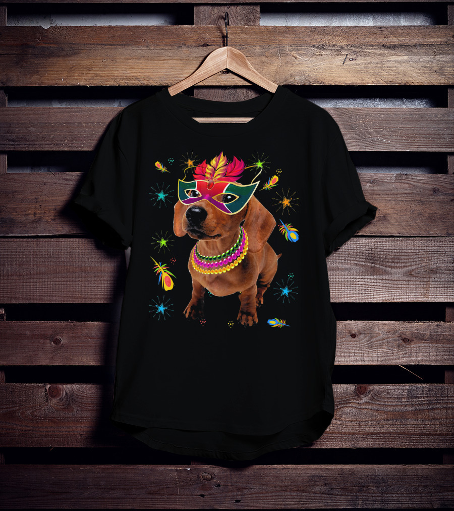 Dachshund Wearing Mardi Gras Mask And Colorful Beads Surrounded By Festive Stars And Feathers T-Shirt