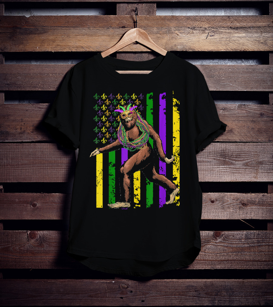 Bigfoot Mardi Gras Beads Fleur-de-Lis American Flag Stripes T-Shirt