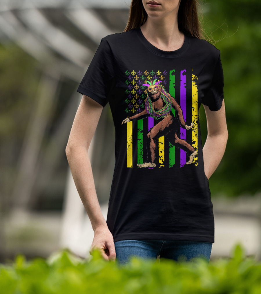 Bigfoot Mardi Gras Beads Fleur-de-Lis American Flag Stripes T-Shirt