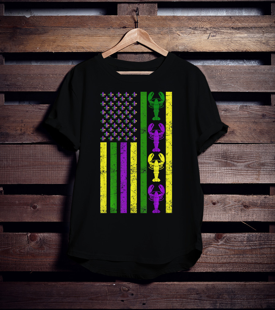 US Mardi Gras New Orleans Crawfish Fleur-de-Lis Flag T-Shirt