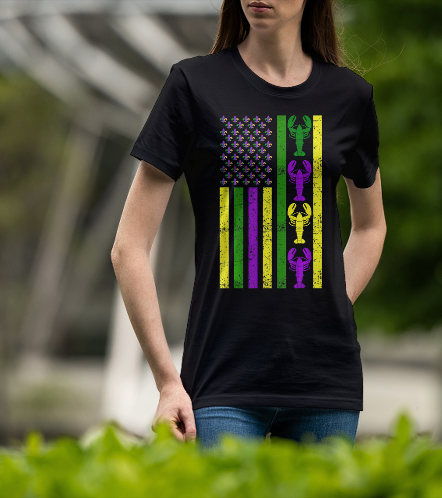 US Mardi Gras New Orleans Crawfish Fleur-de-Lis Flag T-Shirt