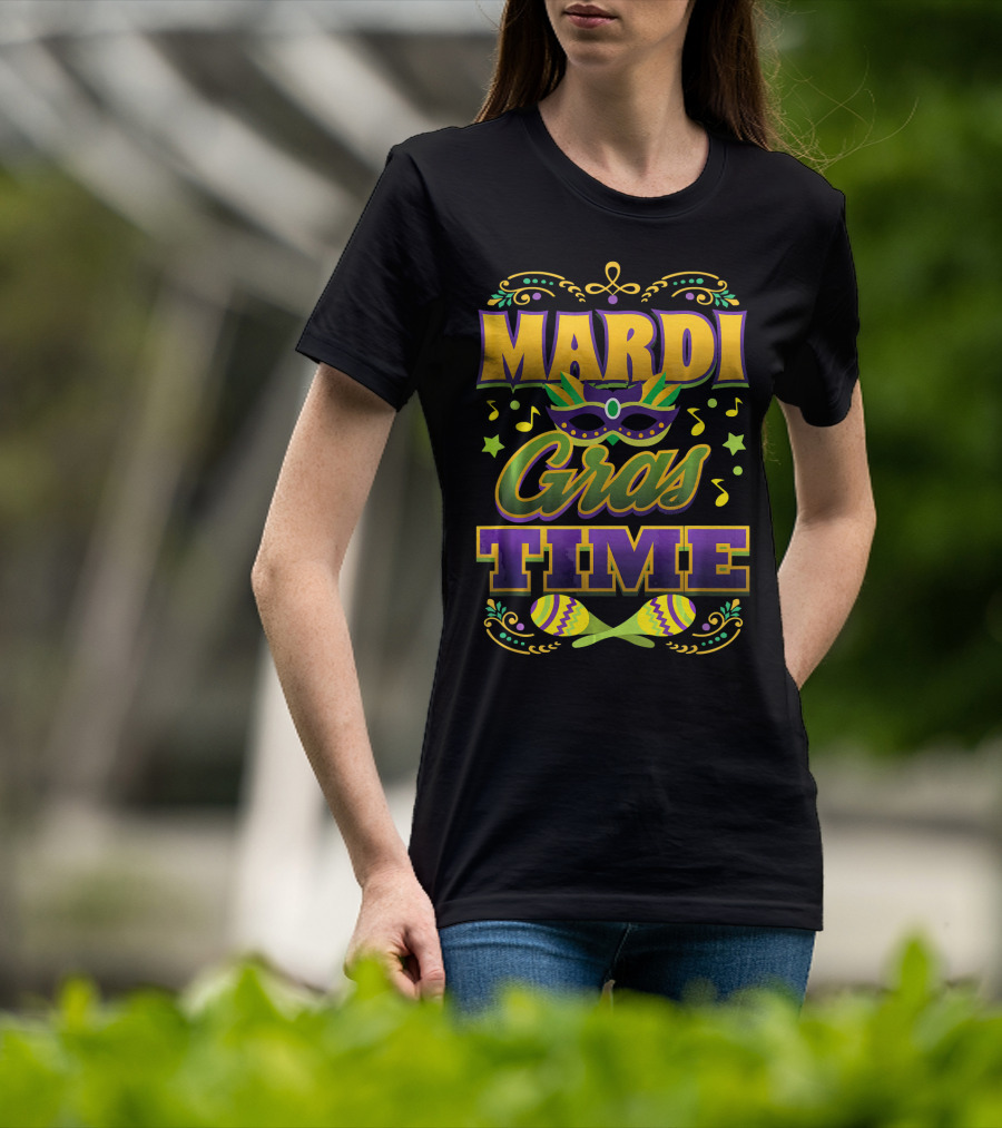 Mardi Gras Time Mask Music Notes Maracas T-Shirt