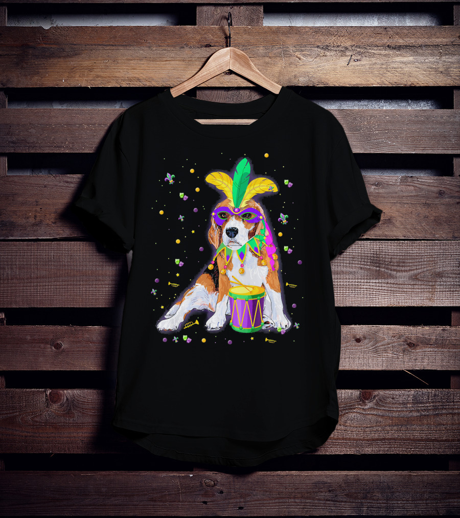Mardi Gras Beagle In Mask With Feathers And Drum T-Shirt