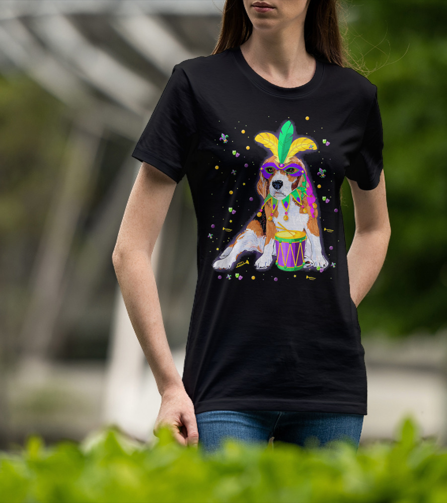 Mardi Gras Beagle In Mask With Feathers And Drum T-Shirt