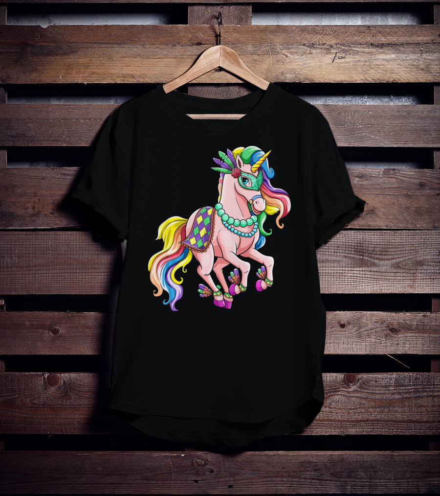 Kids Mardi Gras Unicorn With Colorful Mask And Beads T-Shirt