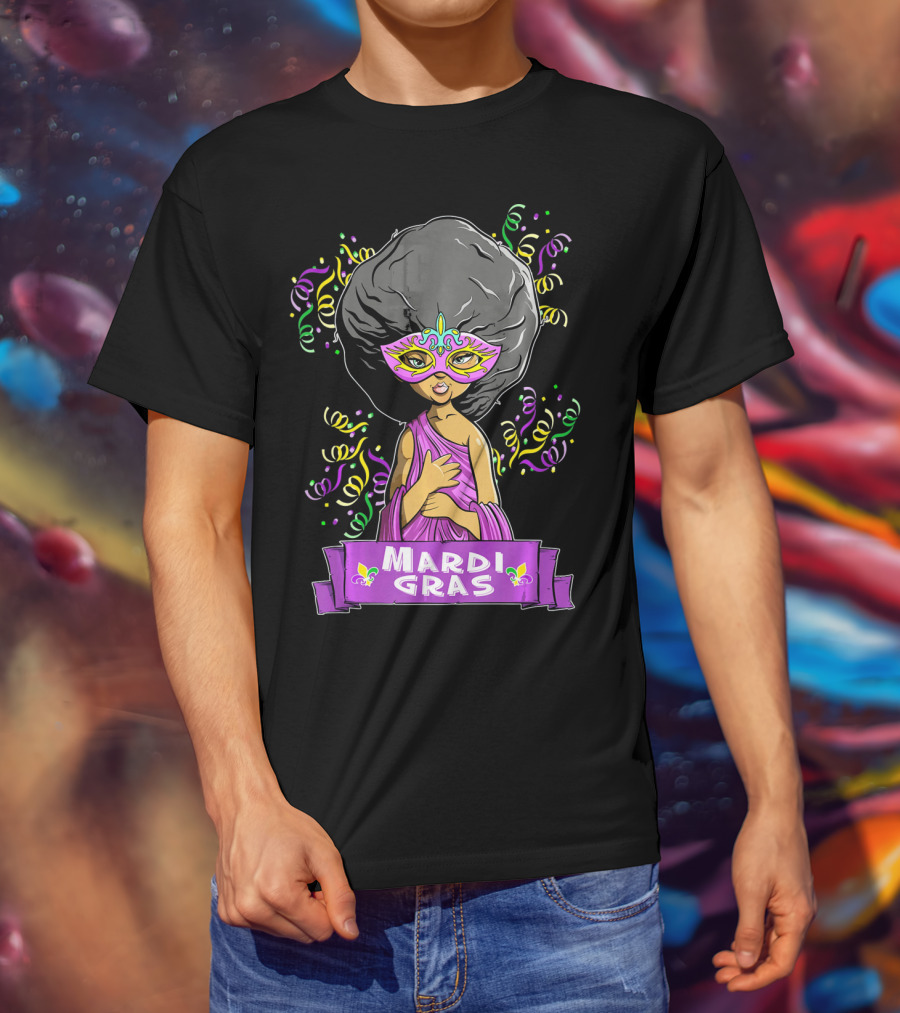 Mardi Gras Woman In Mask With Afro And Purple Dress T-Shirt