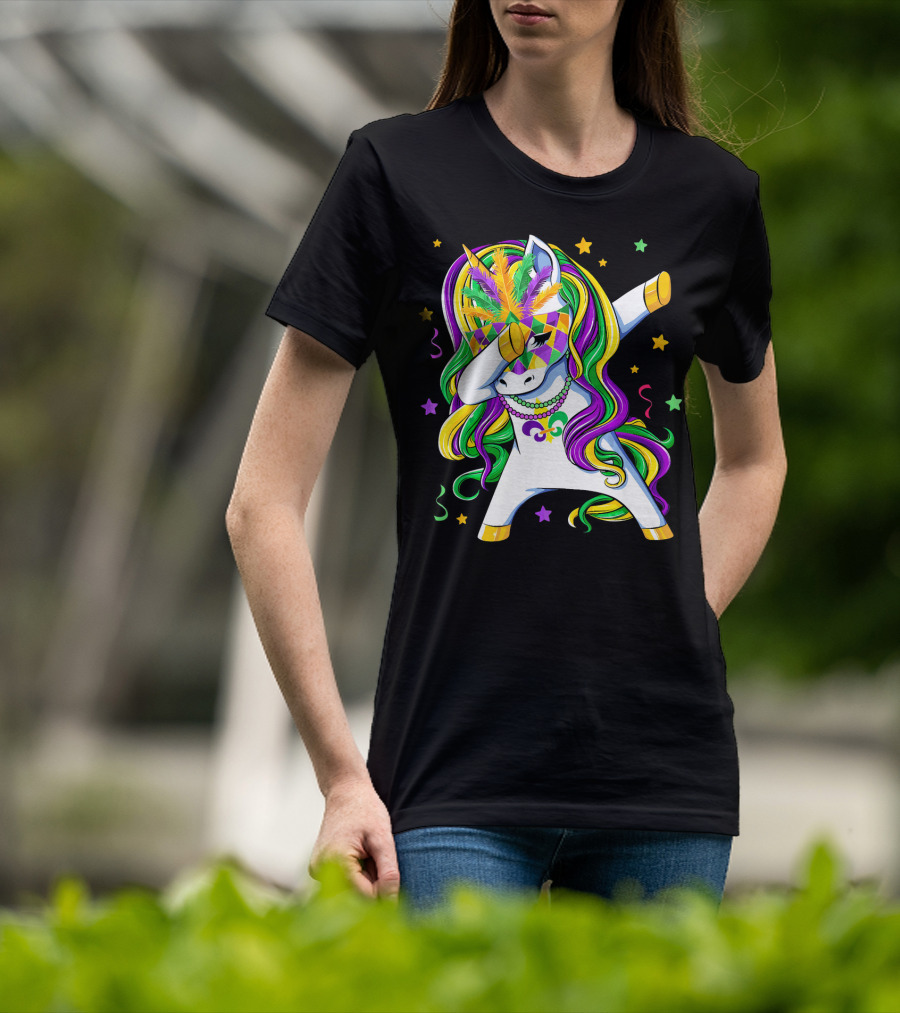 Dabbing Unicorn Mardi Gras Masquerade Beads Costume Carnival T-Shirt