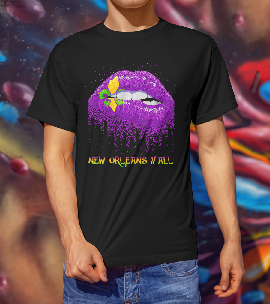 Fleur De Lys Purple Lips Biting New Orleans Y'all T-Shirt