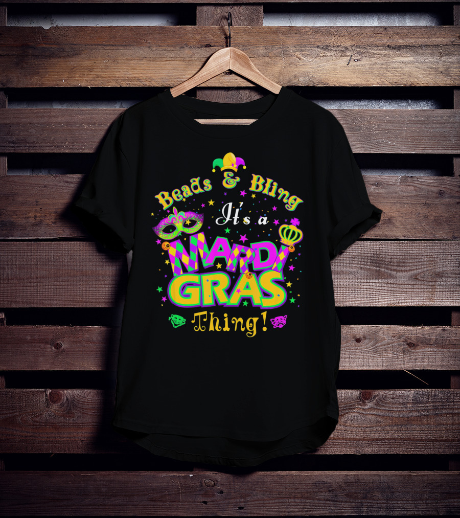 Beads And Bling It's A Mardi Gras Thing Mask Jester Crown Stars T-Shirt