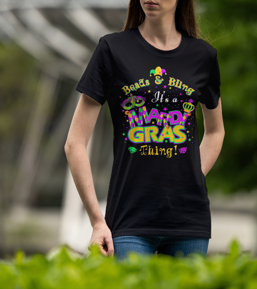 Beads And Bling It's A Mardi Gras Thing Mask Jester Crown Stars T-Shirt