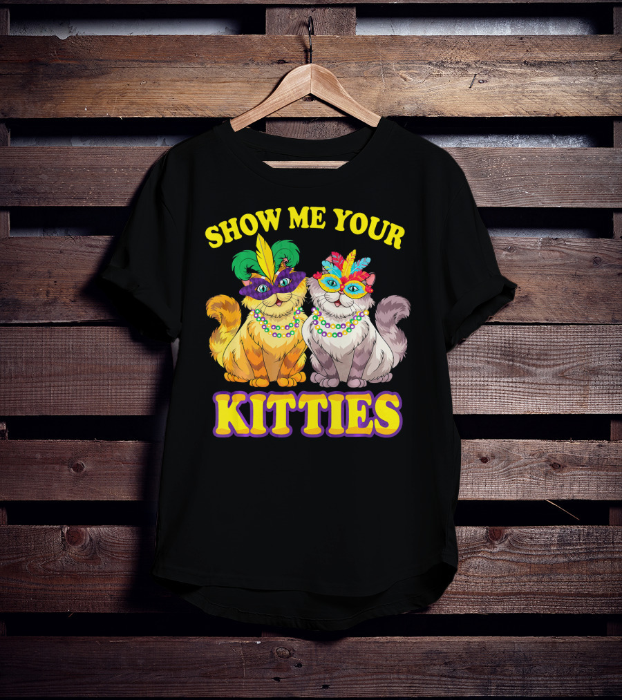 Show Me Your Kitties Mardi Gras Cats With Masks And Beads T-Shirt