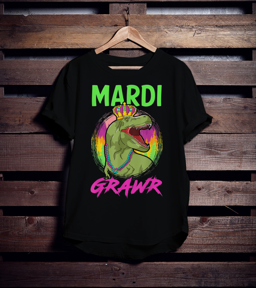Mardi Grawr Rex Dinosaur In Beads And Crown With Rainbow Sunset T-Shirt