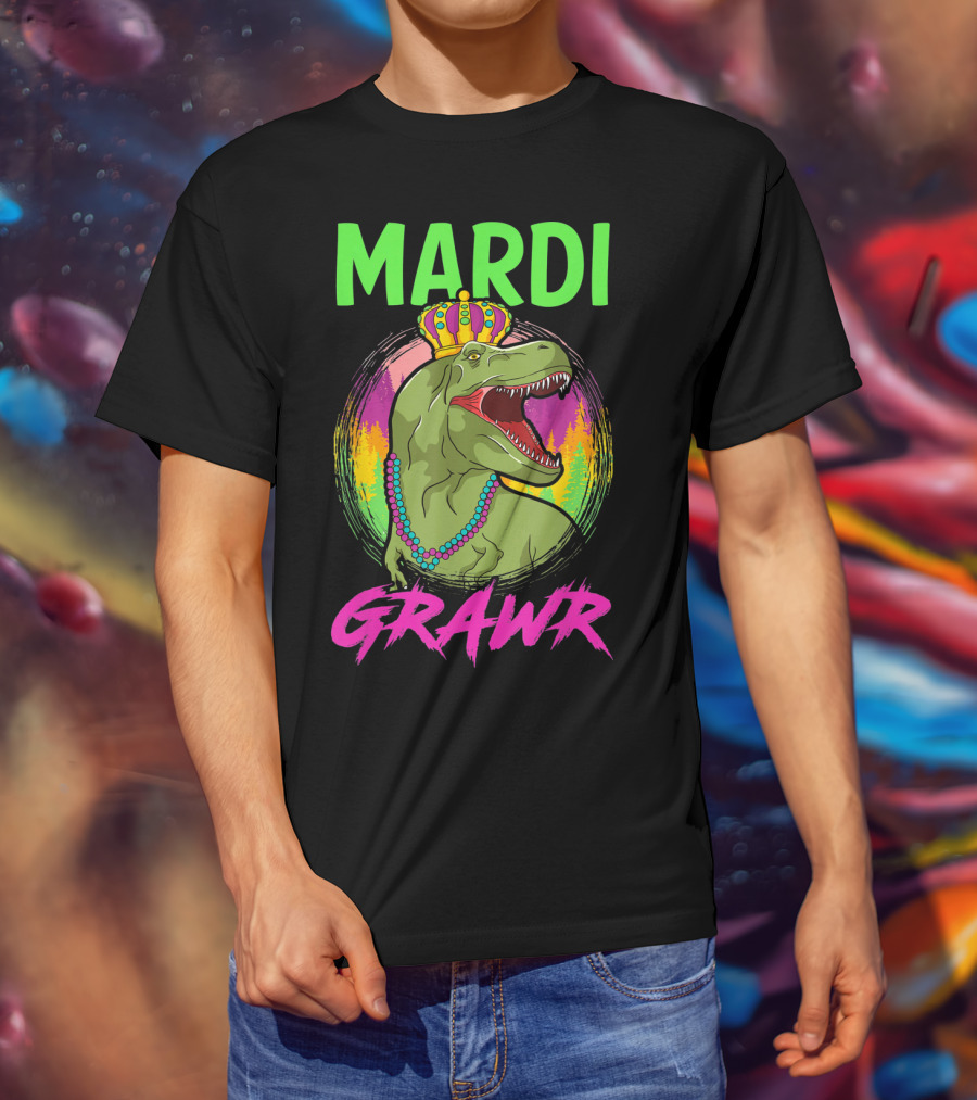 Mardi Grawr Rex Dinosaur In Beads And Crown With Rainbow Sunset T-Shirt