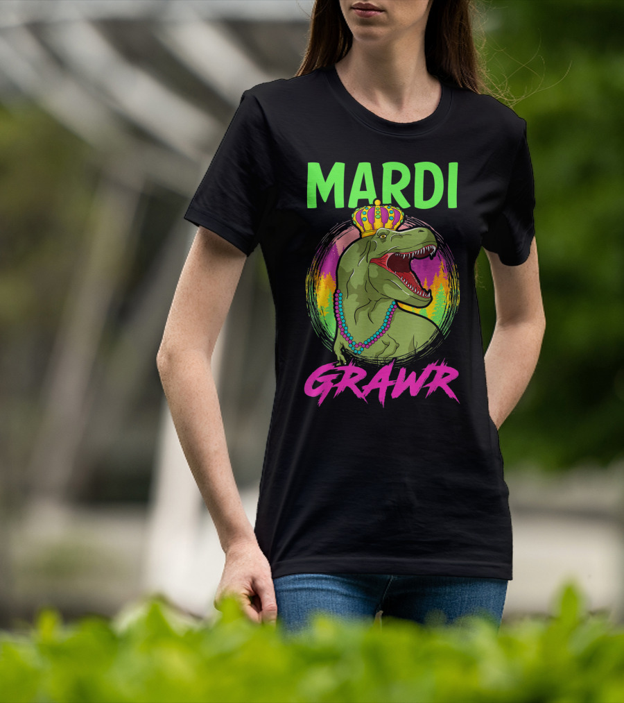 Mardi Grawr Rex Dinosaur In Beads And Crown With Rainbow Sunset T-Shirt