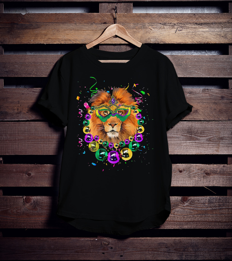 Mask And Beads Lion Mardi Gras Celebration With Colorful Confetti And Streamers T-Shirt