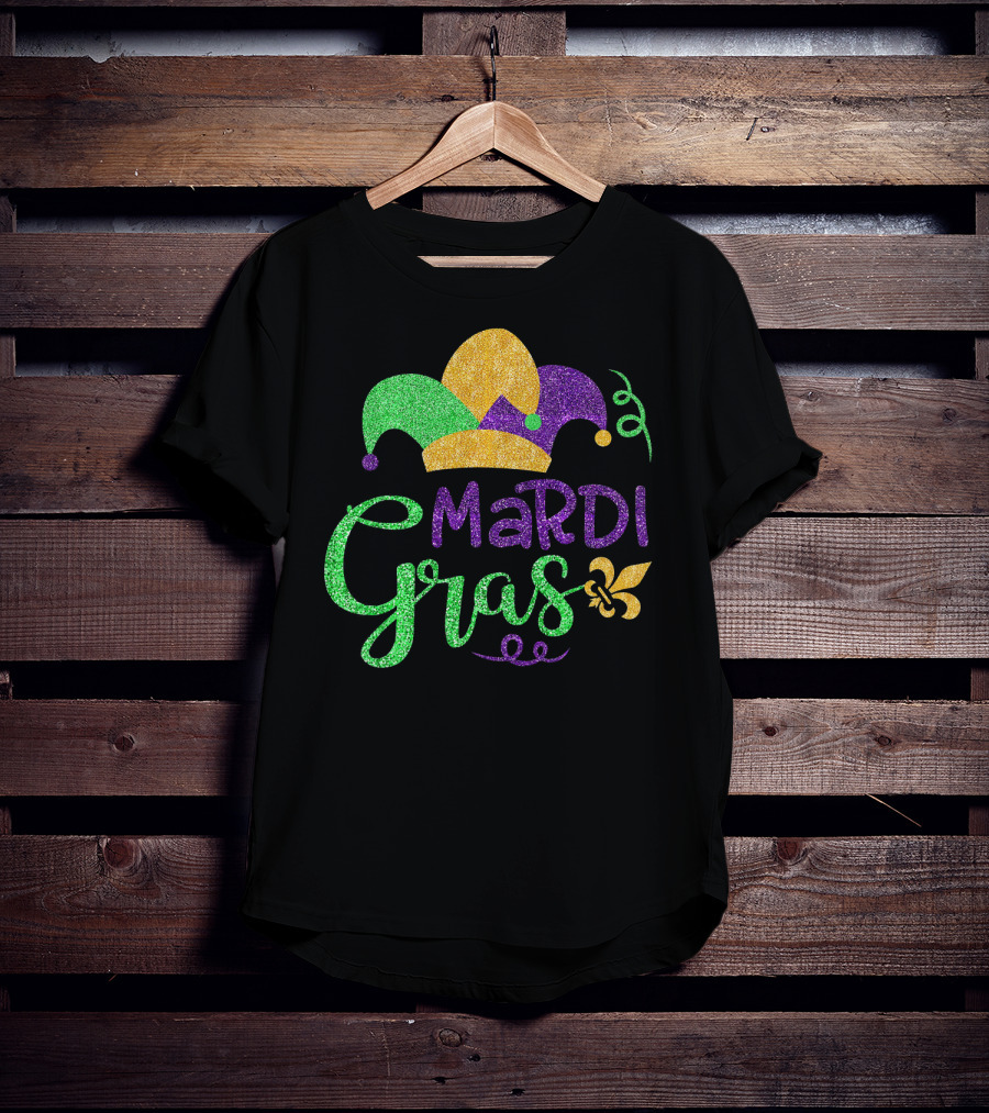Mardi Gras Jester Hat Glitter Design Fleur-de-Lis T-Shirt