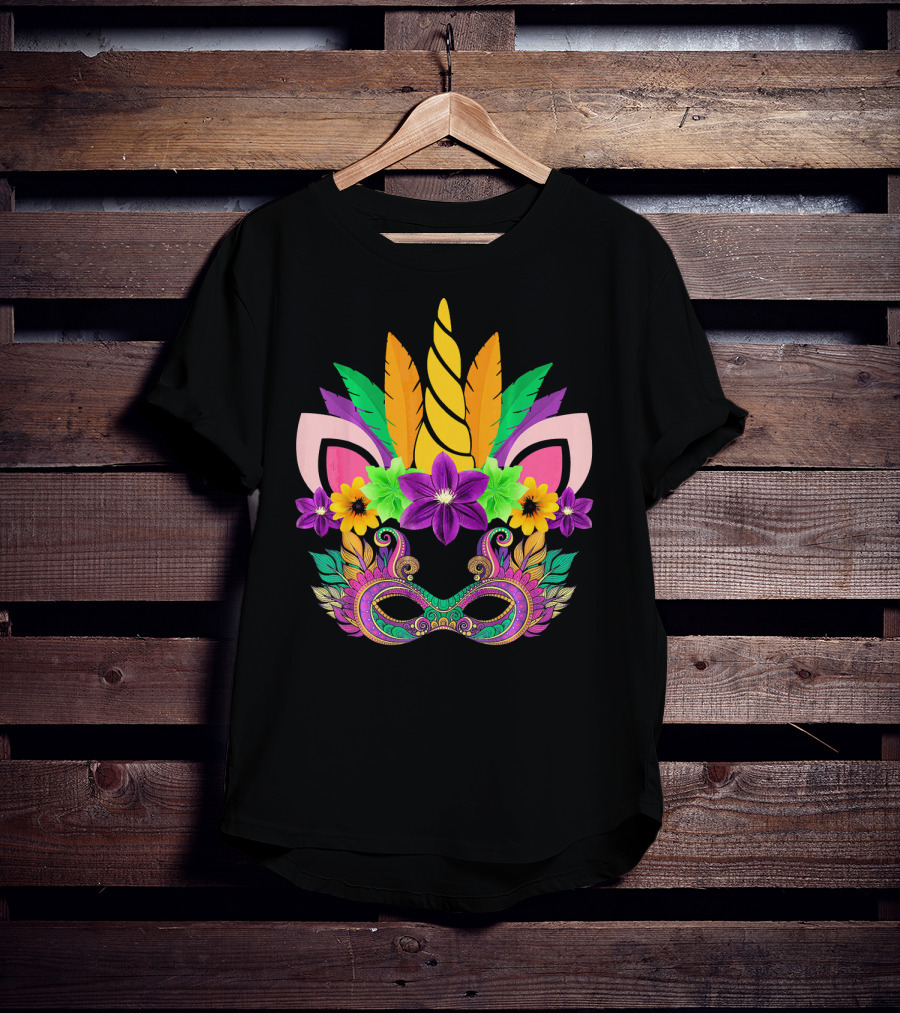 Mardi Gras Unicorn Mask With Flowers And Feathers T-Shirt