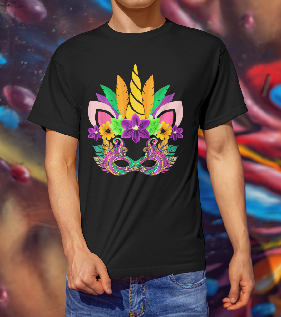Mardi Gras Unicorn Mask With Flowers And Feathers T-Shirt