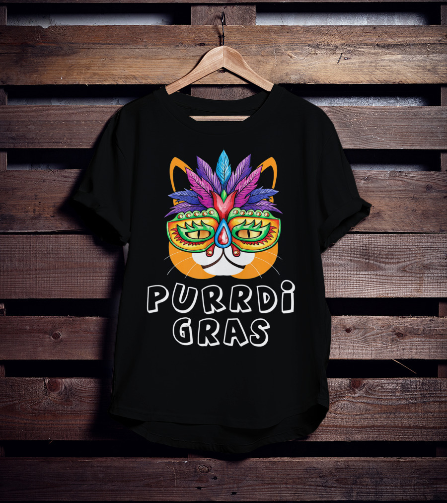 Purrdi Gras Funny Cat Mardi Gras Mask Feathers T-Shirt