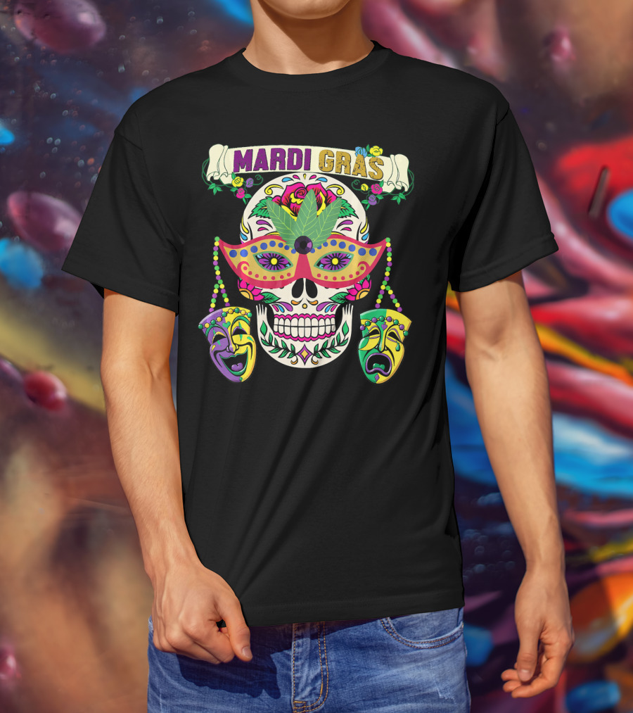 MARDI GRAS Skull Mask Comedy Tragedy New Orlea T-Shirt