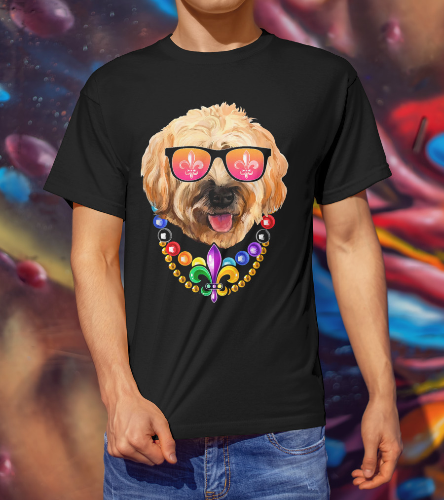 Goldendoodle Mardi Gras Beads Sunglasses Fleur-de-Lis T-Shirt