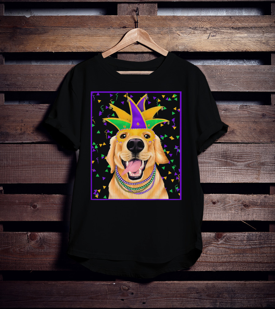 Mardi Gras Golden Retriever Wearing Colorful Jester Mask And Beads T-Shirt