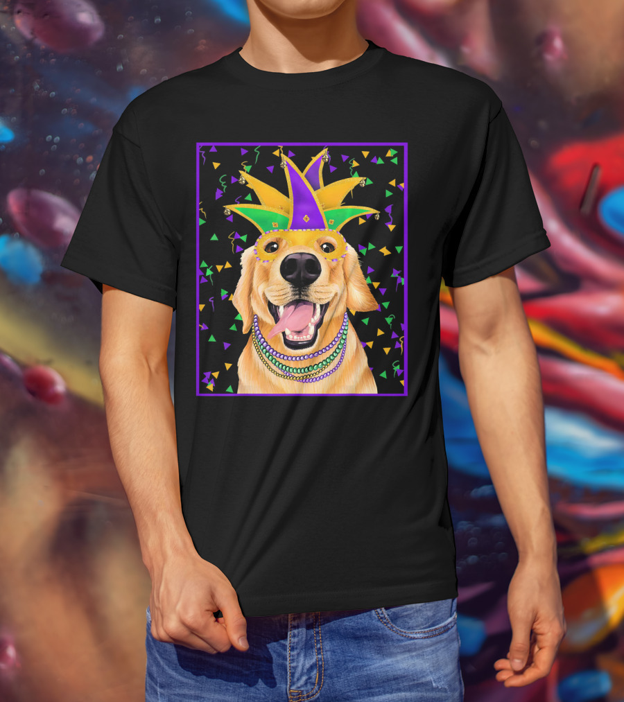 Mardi Gras Golden Retriever Wearing Colorful Jester Mask And Beads T-Shirt