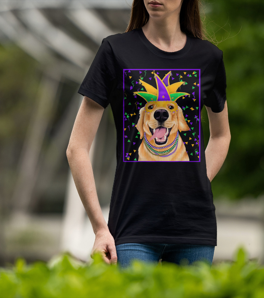 Mardi Gras Golden Retriever Wearing Colorful Jester Mask And Beads T-Shirt