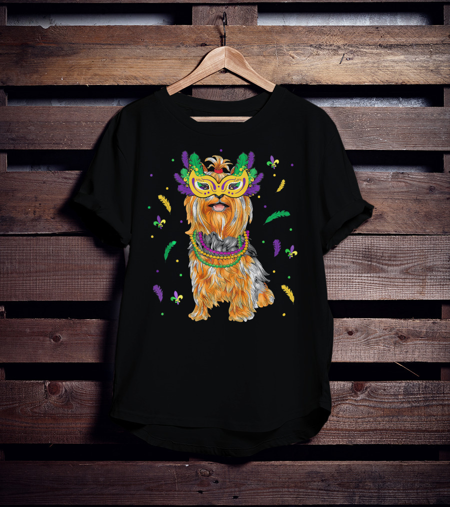 Beads Mask Yorkshire Terrier Mardi Gras Fleur De Lis Feathers T-Shirt