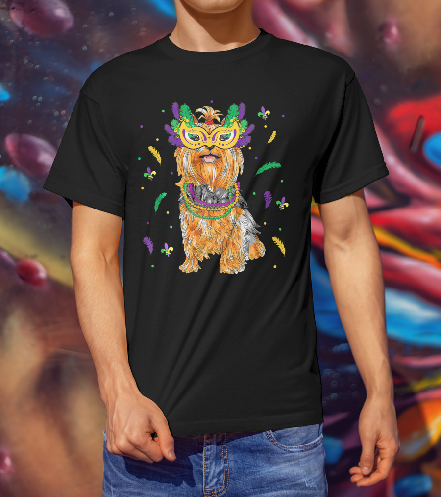 Beads Mask Yorkshire Terrier Mardi Gras Fleur De Lis Feathers T-Shirt