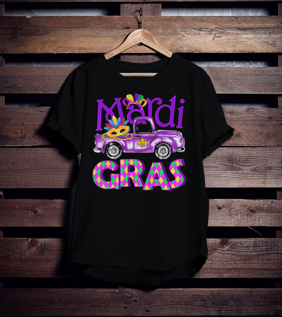 Mardi Gras Truck Mask With Colorful Feathered Costume T-Shirt