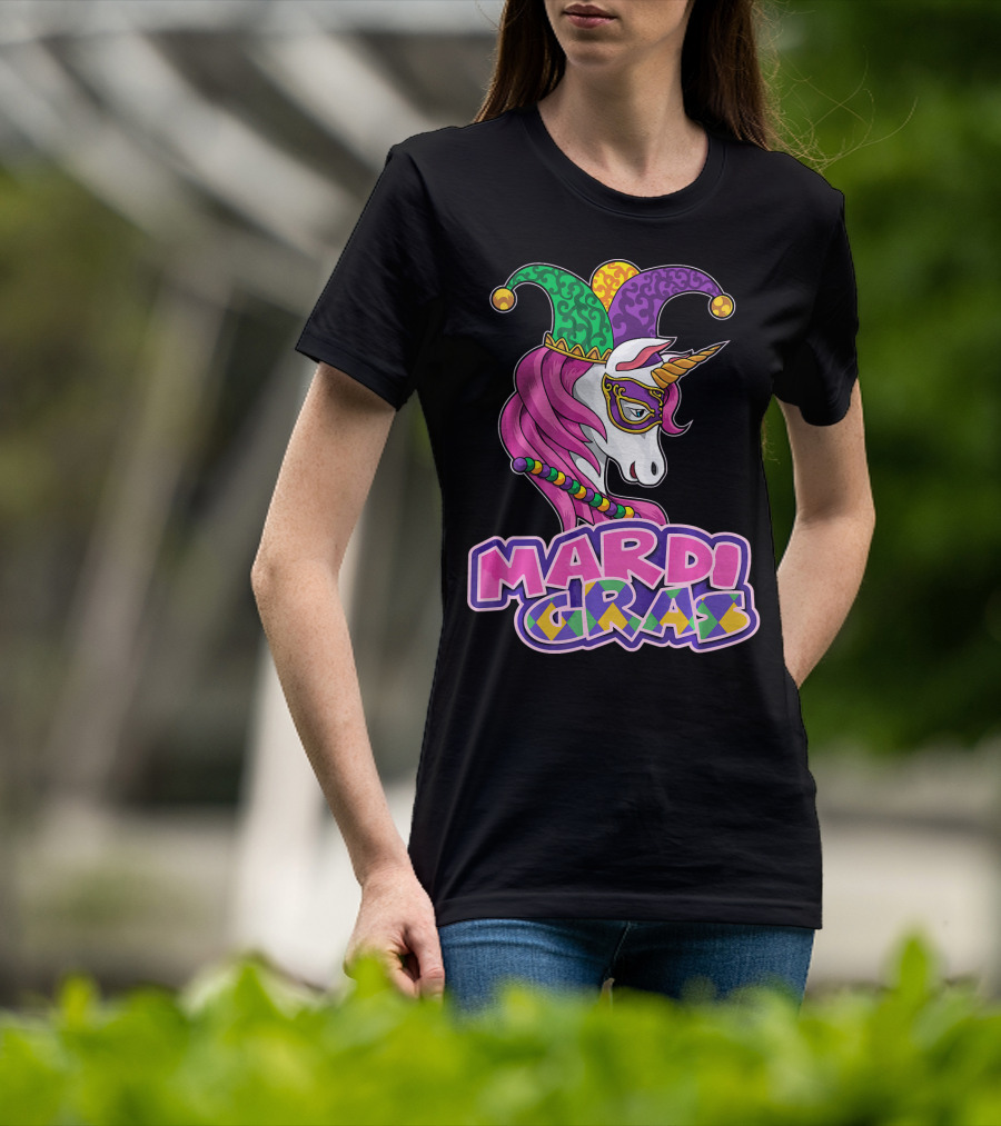 Mardi Gras Unicorn Jester Mask Carnival Lover T-Shirt