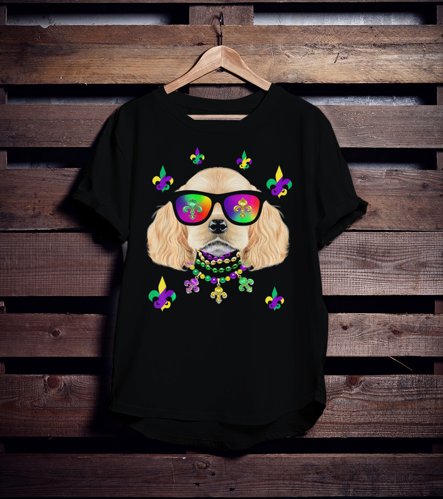 Dog Wearing Mardi Gras Beads And Sunglasses With Fleur-de-Lis T-Shirt