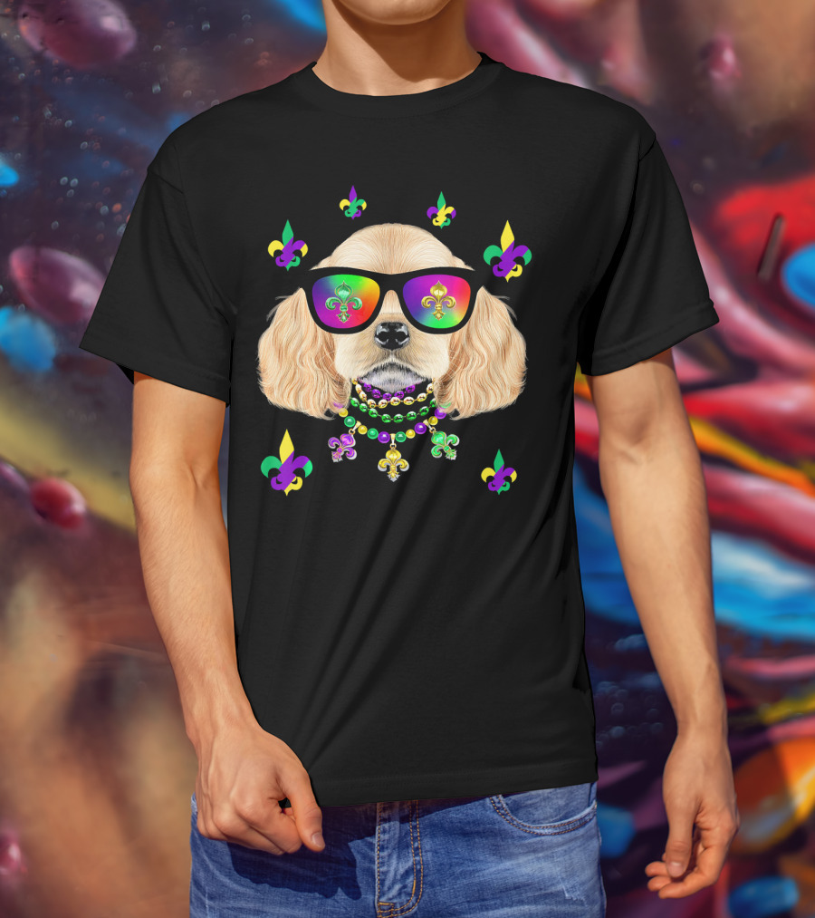 Dog Wearing Mardi Gras Beads And Sunglasses With Fleur-de-Lis T-Shirt