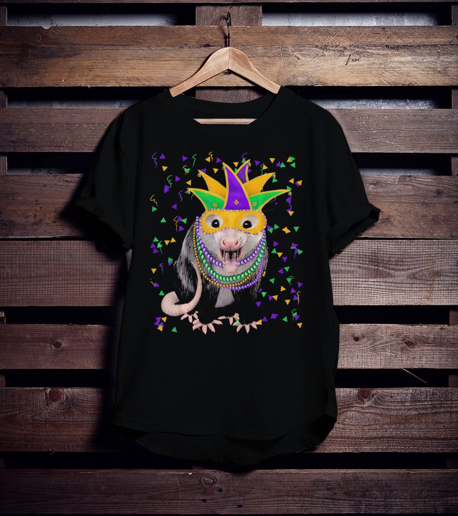 Mardi Gras Possum Wearing Colorful Mask And Beads With Confetti T-Shirt