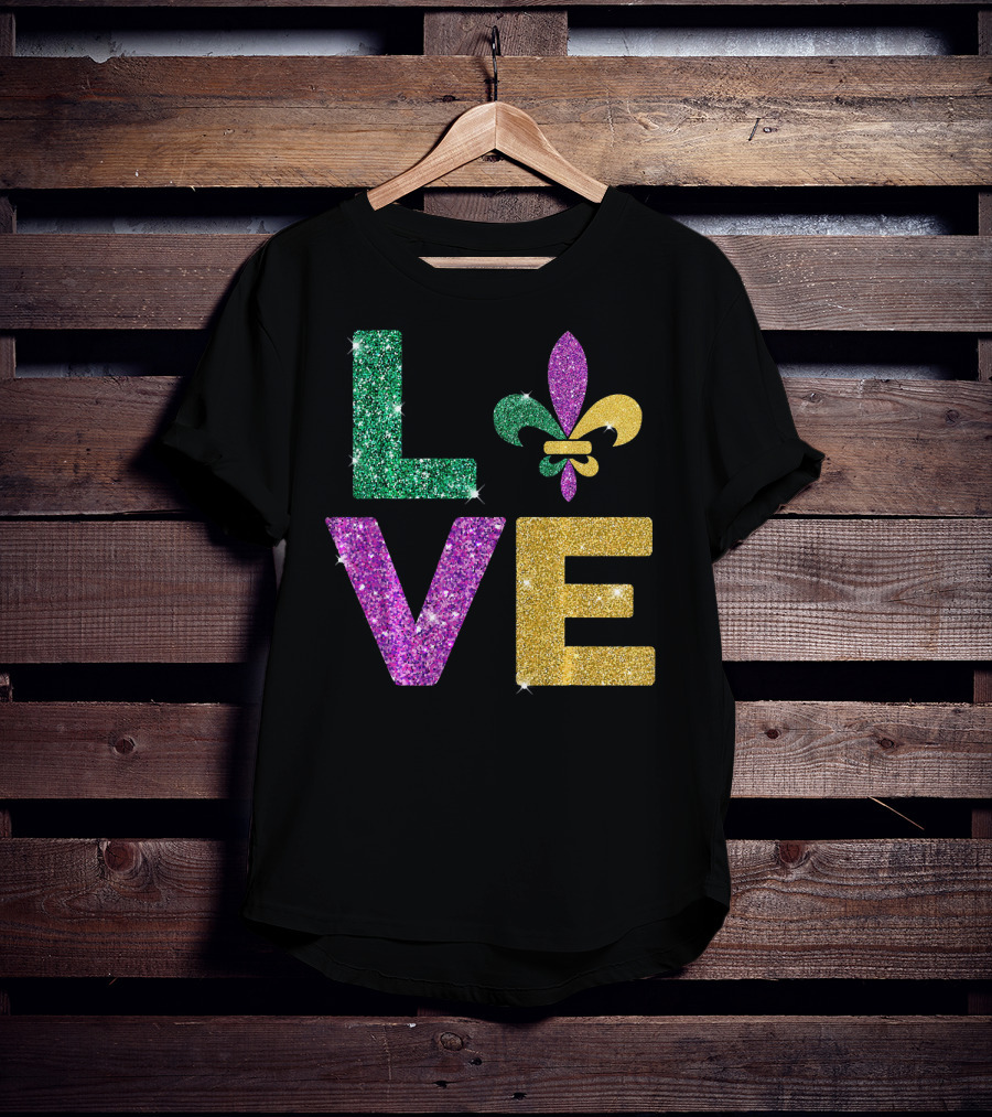 LOVE Mardi Gras Carnival Fleur-de-Lis Glitter T-Shirt