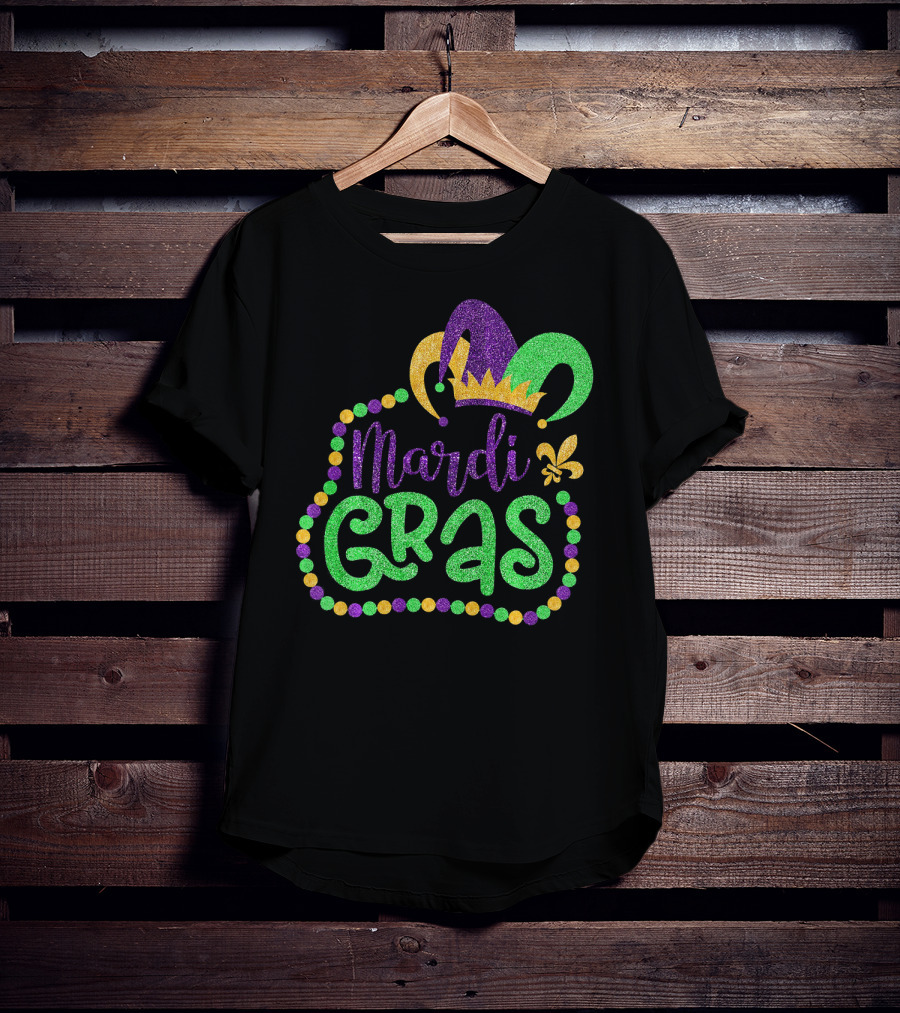 Mardi Gras Glitter Jester Hat Fleur De Lis T-Shirt