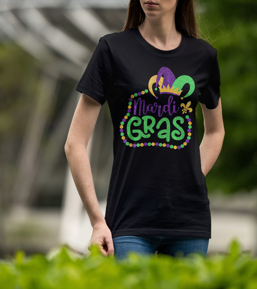 Mardi Gras Glitter Jester Hat Fleur De Lis T-Shirt