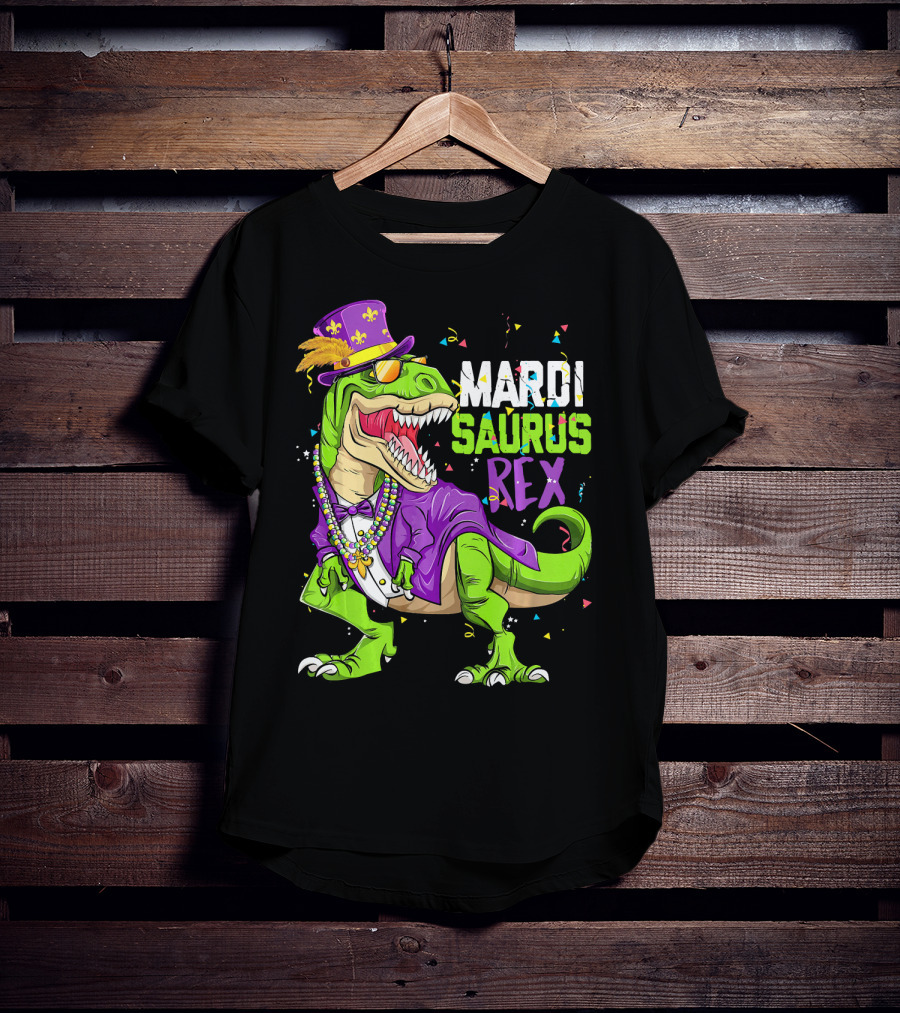Mardi Saurus Rex Dinosaur Mardi Gras Confetti Fleur-de-lis Beads Hat T-Shirt