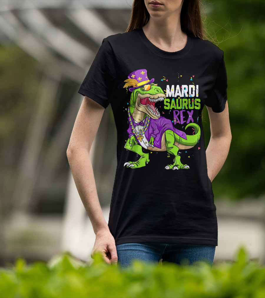 Mardi Saurus Rex Dinosaur Mardi Gras Confetti Fleur-de-lis Beads Hat T-Shirt