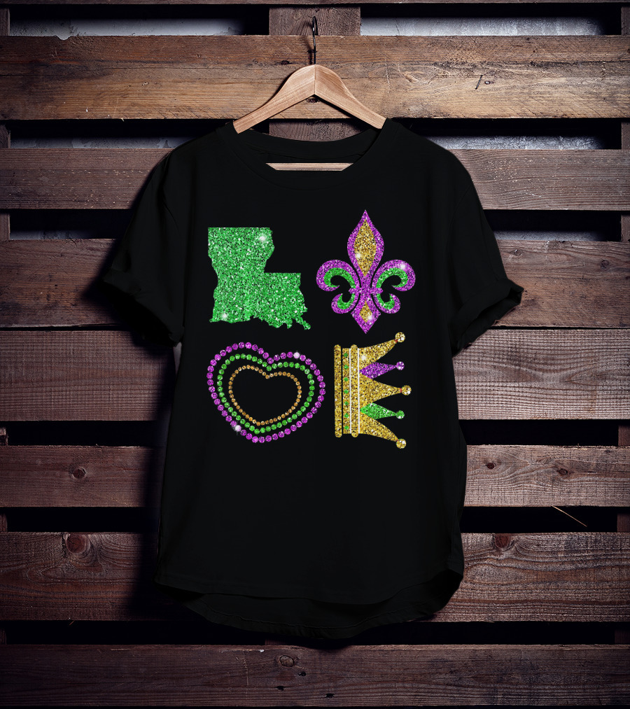 Love Mardi Gras Funny New Orleans Mardi Louisiana Glitter Fleur-de-Lis Heart Crown T-Shirt