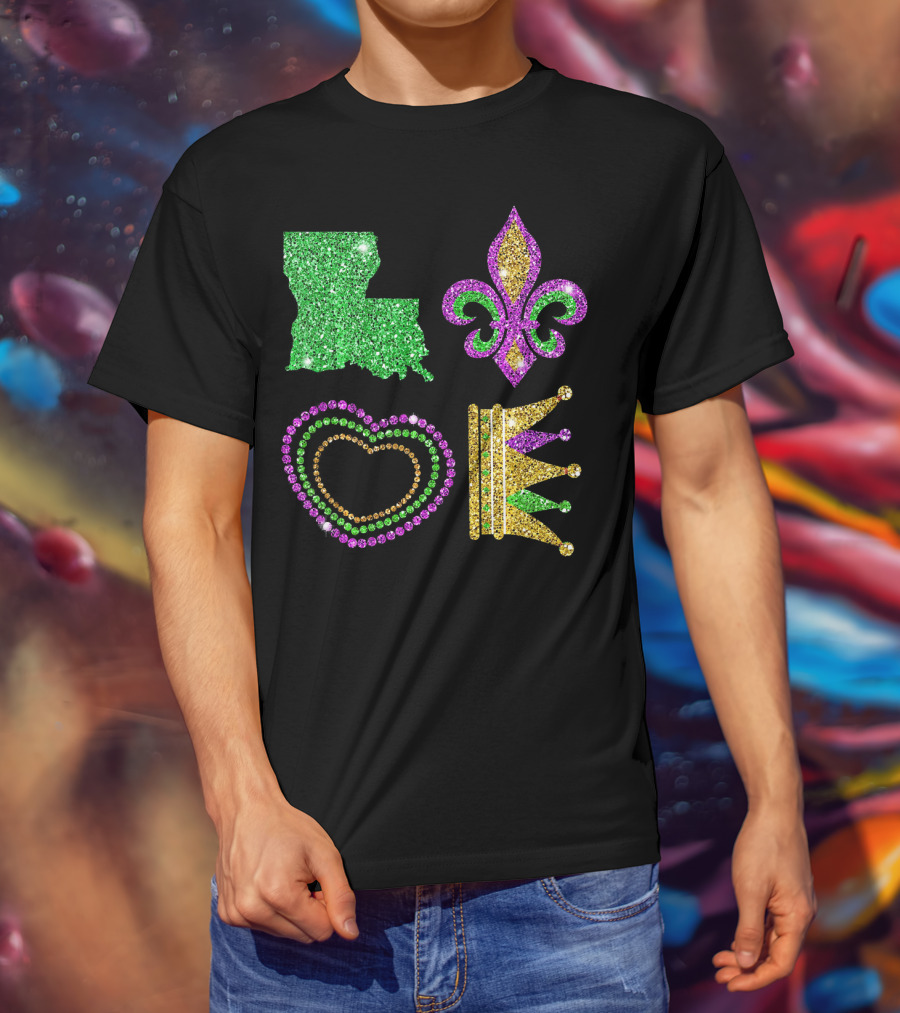 Love Mardi Gras Funny New Orleans Mardi Louisiana Glitter Fleur-de-Lis Heart Crown T-Shirt
