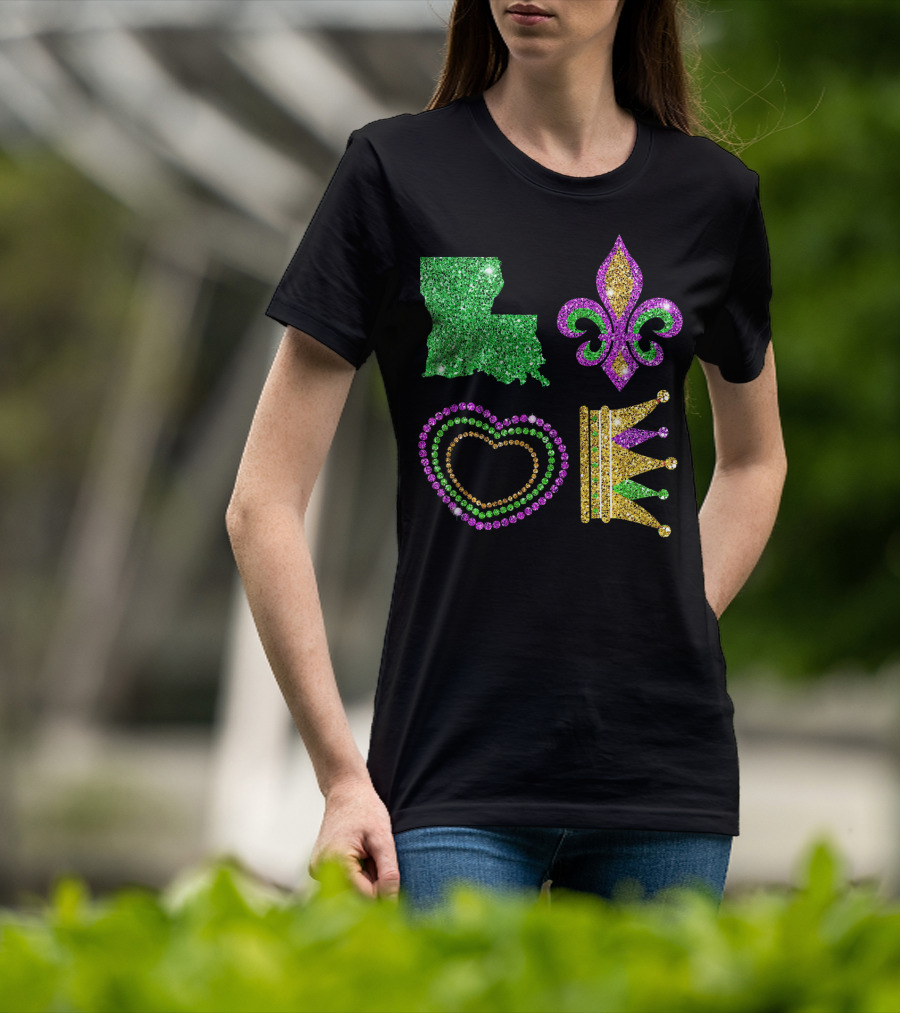 Love Mardi Gras Funny New Orleans Mardi Louisiana Glitter Fleur-de-Lis Heart Crown T-Shirt