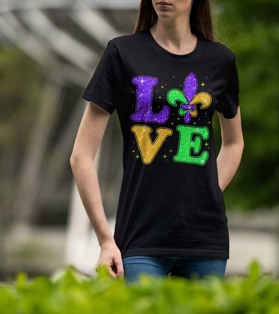 Love Mardi Gras Fleur De Lis Glitter T-Shirt