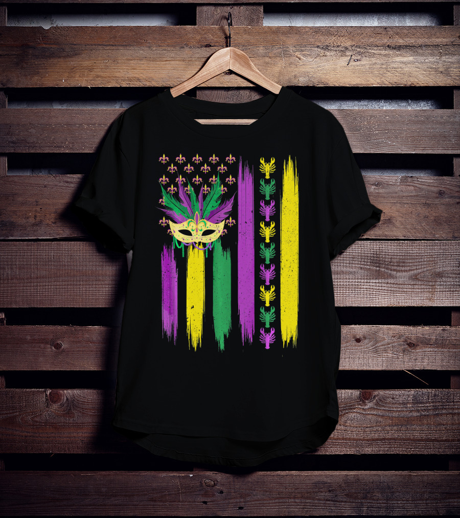 Crawfish Mask Mardi Gras Fleur-de-Lis American Flag Colors T-Shirt
