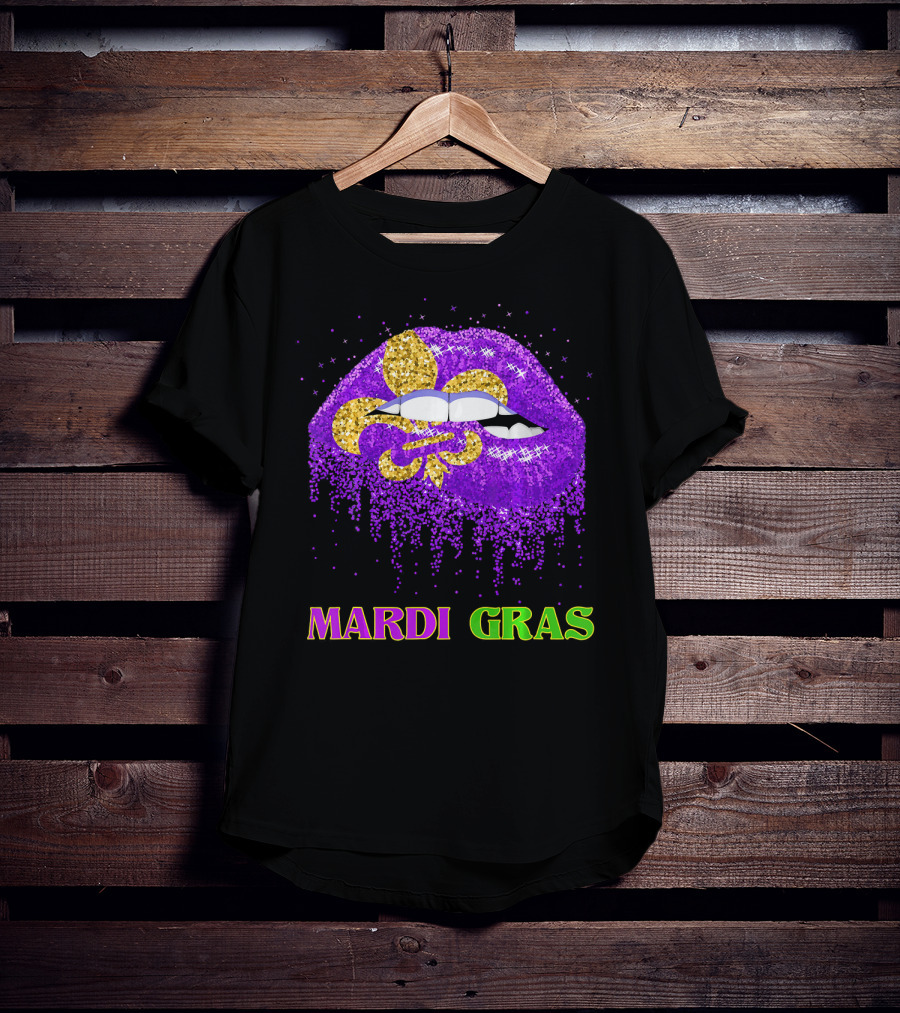 Mardi Gras Costume Funny Lips Glitter Fleur-de-lis T-Shirt